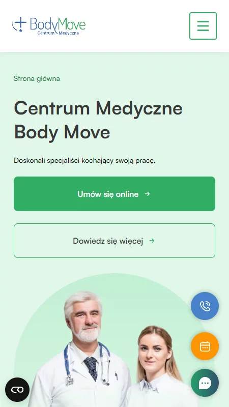 Strona internetowa Centrum Medycznego Body Move, przedstawiająca wizerunek lekarzy oraz przyciski umożliwiające umówienie wizyty online i dowiedzenie się więcej o oferowanych usługach.