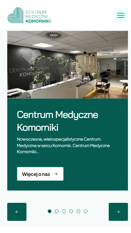 Strona internetowa Centrum Medycznego Komorniki, przedstawiająca nowoczesną recepcję placówki oraz opis oferowanych usług medycznych.