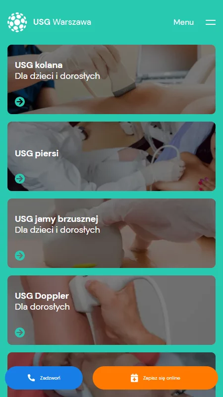 Strona internetowa USG Warszawa, przedstawiająca różne usługi USG, takie jak USG kolana, piersi, jamy brzusznej i Doppler, z opcjami kontaktu telefonicznego i zapisu online.